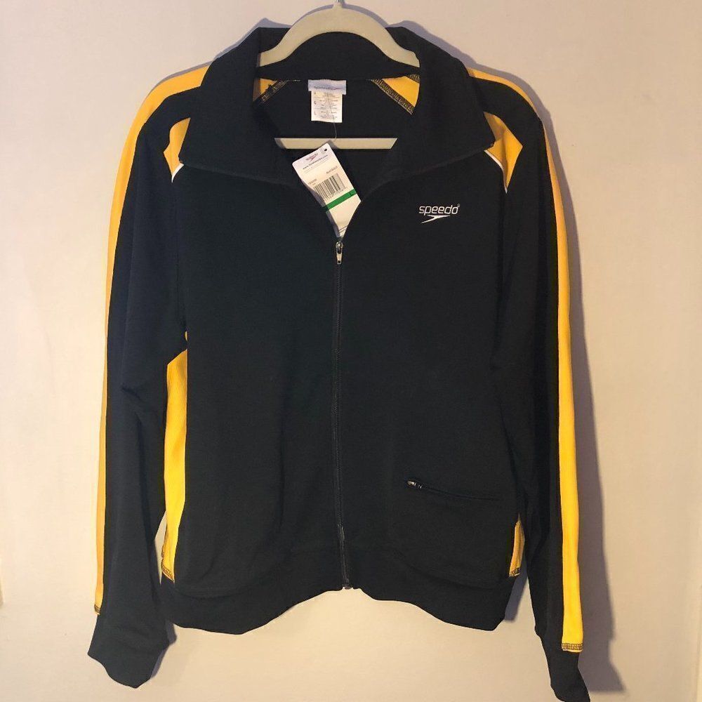 Speedo Size LG Performance Warm Up Jacket Blk/gold Logo Full Zip             RB1